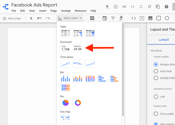 Bruk Google Data Studio til å analysere Facebook-annonsene dine, trinn 8, alternativ for å velge resultatkortdiagrammet i Google Data Studio
