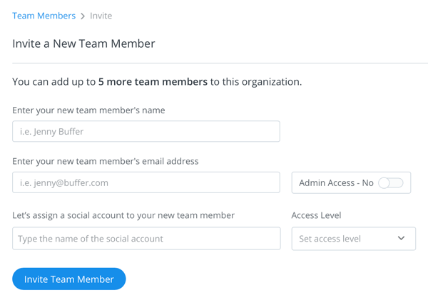 Detaljer-skjermen for å invitere og angi tilgangsnivåer for Buffer-teammedlemmet ditt.