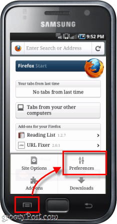 preferanser for Android-telefonen firefox-app
