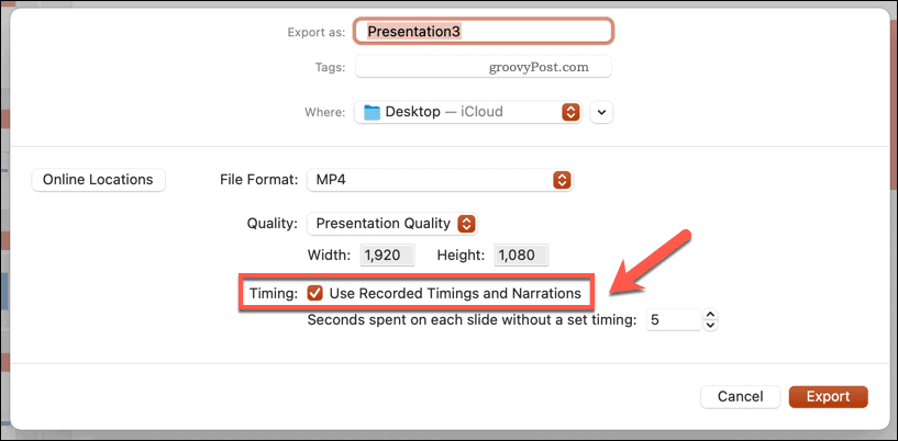 Bruke registrerte tidsinnstillinger for en eksportert video i PowerPoint på Mac
