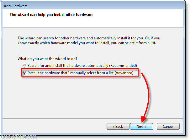 Skjermbilde av Windows 7 Networking - klikk på installer maskinvaren som jeg manuelt velger forma-liste (Advanced)