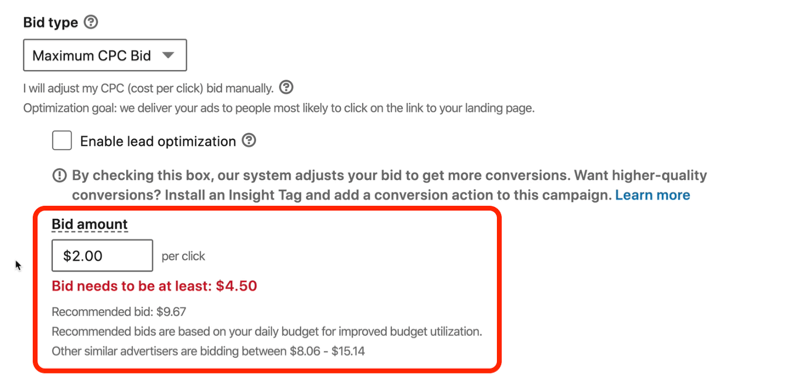 skjermbilde av meldingen i rødt og sier "LinkedIn-budet må være minst $ 4,50"