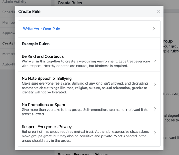 Hvordan forbedre Facebook-gruppesamfunnet ditt, eksempel på forhåndsskrevne regler for Facebook-gruppen