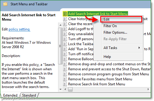 Klikk på koblingen Legg til søk for å starte menyen, og klikk deretter redigeringsalternativet fra Windows 7 høyreklikk hurtigmenyen