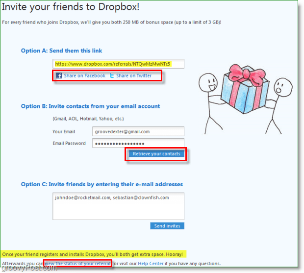 Dropbox-skjermbilde - mange måter å dele invitasjonene dine til dropbox på