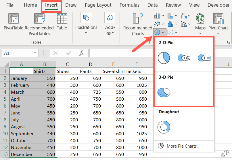 Velg en stil for å lage et kakediagram i Excel