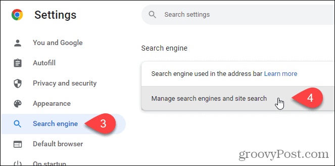 Klikk på Administrer søkemotorer og nettstedsøk på søkemotorskjermen i Chrome