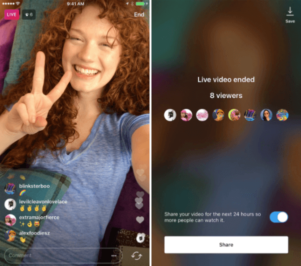 Instagram introduserte muligheten til å dele en live videoavspilling til Instagram Stories i 24 timer.