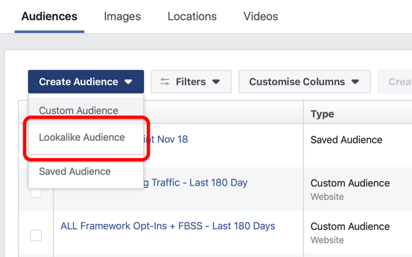 Mulighet for å opprette en Facebook Lookalike Audience under Create Audience i Facebook Ads Manager.