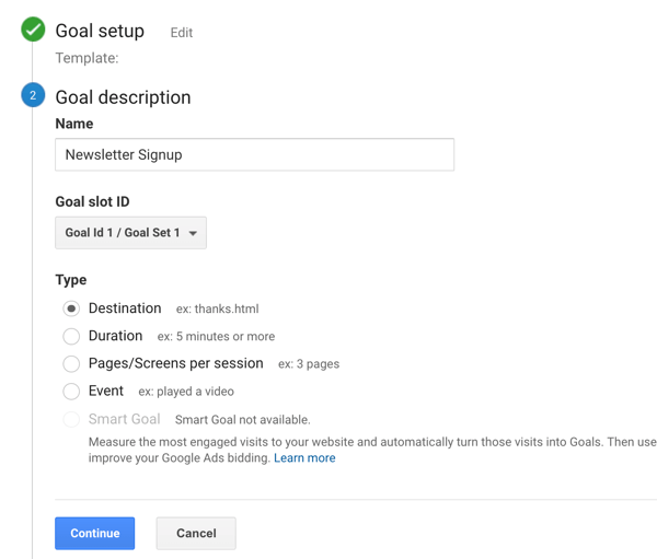 Sett opp Google Analytic Goals for Instagram Stories, trinn 6.