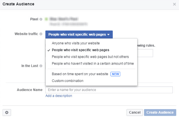 Fra nettstrafikkmenyen velger du hvem du vil inkludere i ditt Facebook-tilpassede publikum.