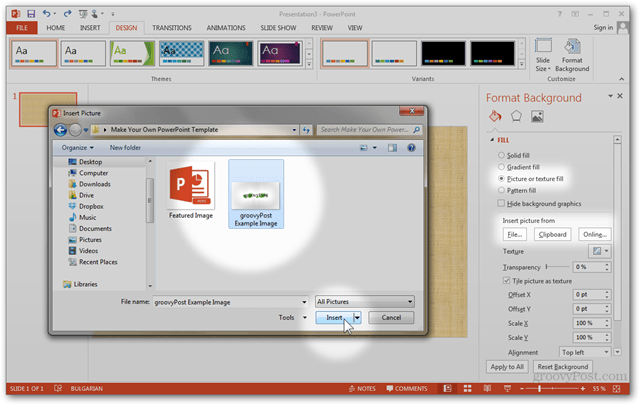 Office 2013-mal Lag Lag tilpasset design POTX Tilpass lysbildefrembilder Opplæring Hvordan lage en fototekstursfyll Importer utklippstavle