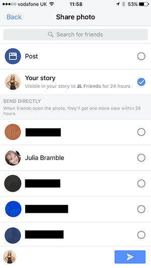 Velge hvor du skal legge ut Facebook Story-innholdet ditt.