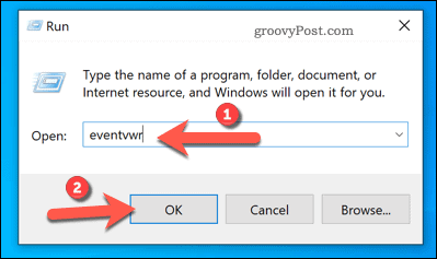 Åpne Event Viewer ved hjelp av Kjør på Windows