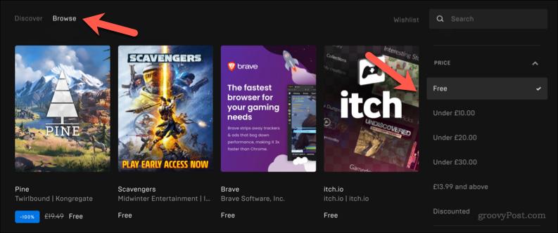 Epic Games Store-nettstedet, som viser spill for kjøp