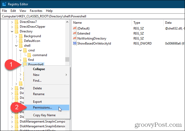 Velg Tillatelser for Powershell-tasten i Windows Register Editor