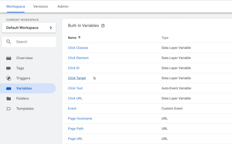 eksempel google tag manager dashbord arbeidsområde med variabler valgt og flere eksempler variabler vist med type bemerket for hver