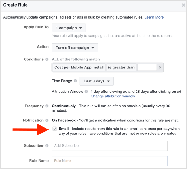 Facebook Ads Manager automatisk e-postvarsling