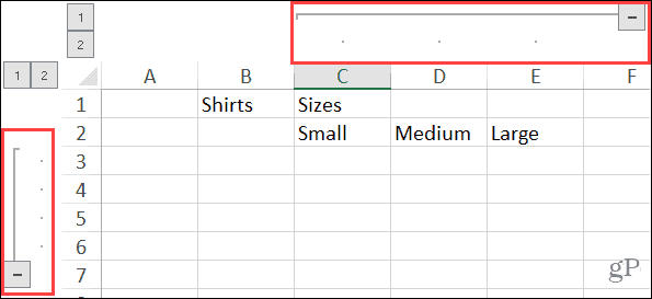Utvidede grupperte kolonner og rader i Excel på Windows