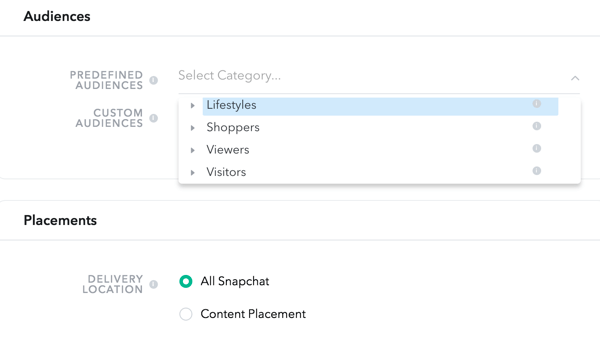 Snapchat lar deg velge målgrupper fra fire forhåndsdefinerte kategorier.