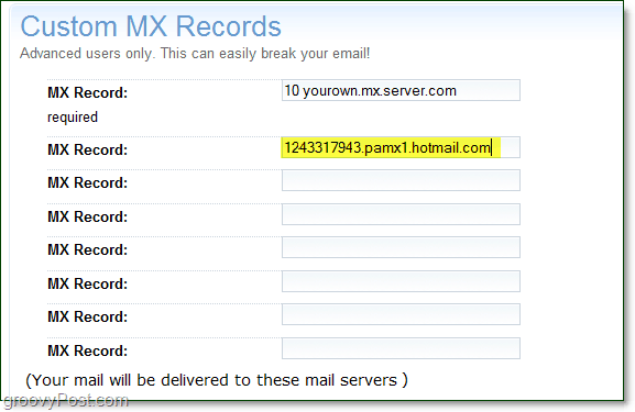 forbi live-tjenestene dine mx-serverinformasjon på siden med avanserte alternativer for domenet for tilpassede mx-poster