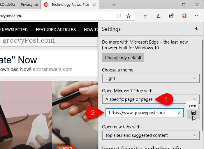 Lagre en URL for Åpne Microsoft Edge med alternativet