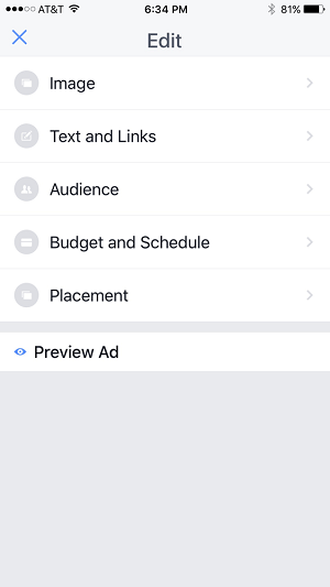 rediger alternativer for annonsekampanje i facebooksider manager app