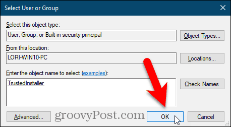 Lukk dialogboksen Velg bruker eller gruppe i Windows Register Editor