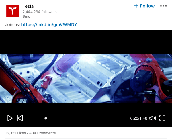 Tesla LinkedIn selskapsside video innlegg eksempel.