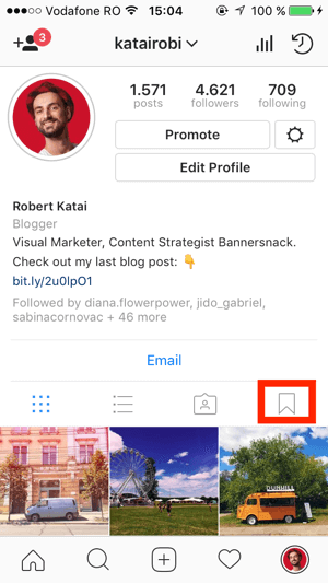 For å opprette en samling, gå til Instagram-profilen din og trykk på bokmerkeikonet.