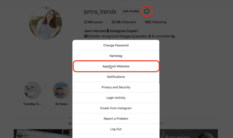 instagram profil tannhjulikon rediger innstillingsmenyalternativer som fremhever apper og nettsteder
