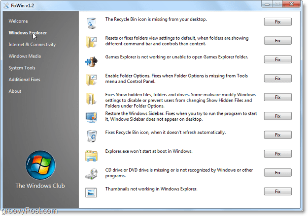 FixWin Windows Explorer fikser skjermbilde