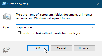 Opprett en ny oppgave-dialogboks i Windows 10 Task Manager