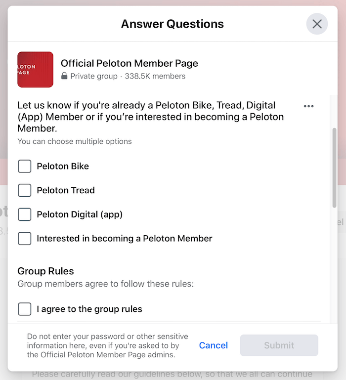 eksempel på facebook-gruppescreeningsspørsmål for den offisielle peloton-medlemssidegruppen