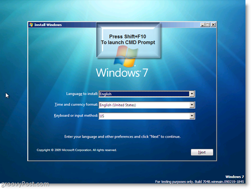 Windows 7 Install - Start CMD Prompt ved å bruke Shift + F10