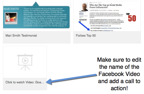 Når du legger til Facebook-videolink til profilen din, kan du redigere tittelen for å inkludere en oppfordring til handling for å se videoen.