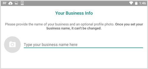 Skriv inn firmanavnet ditt på skjermen Din bedriftsinfo i WhatsApp Business