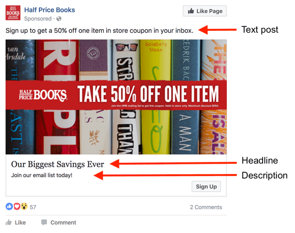 Det er tre områder for tekst i en Facebook-annonse.