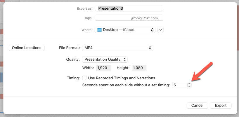 Bruke manuelle tidsinnstillinger for en eksportert video i PowerPoint på Mac