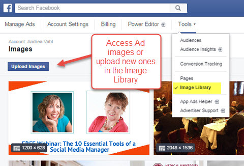 facebook ads manager bildebibliotek tilgang