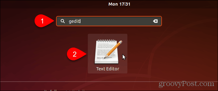 Søk etter og åpne gedit i Ubuntu