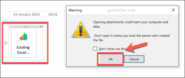 En advarsel om åpning av filvedlegg i OneNote