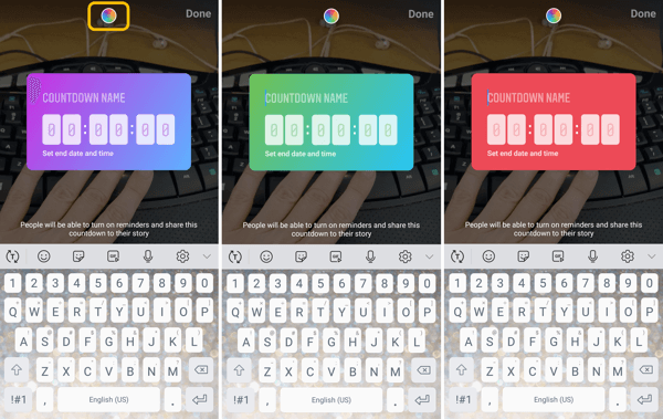 Hvordan bruke Instagram Countdown-klistremerke for forretninger, trinn 5 nedtellingsklistremerkefargevalg.