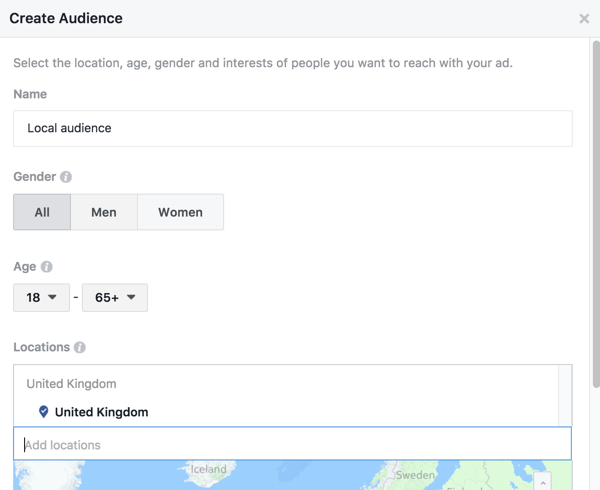 Facebook lar deg målrette et boostet innlegg til bestemte steder.