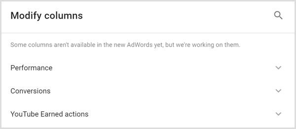 Google AdWords-analyse endrer kolonneskjermen