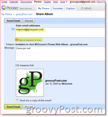 Del invitasjon til pålogging påkrevd Picasa webalbum: groovyPost.com
