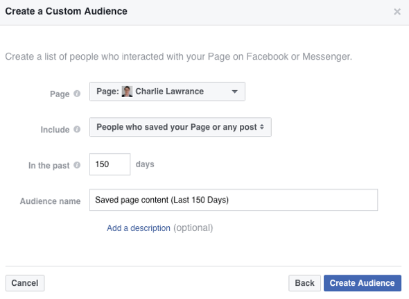 Lag et tilpasset publikum av folk som har lagret Facebook-siden eller innlegget ditt.