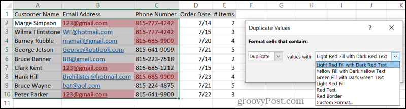 Velg Formatering for duplikater i Excel