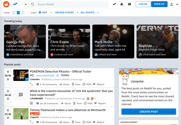 Hvordan markedsføre virksomheten din på Reddit, eksempel på Reddit-hjemmesiden og trending content feeds