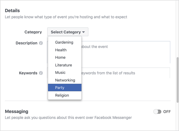 Velg kategorien som best beskriver ditt virtuelle Facebook-arrangement.